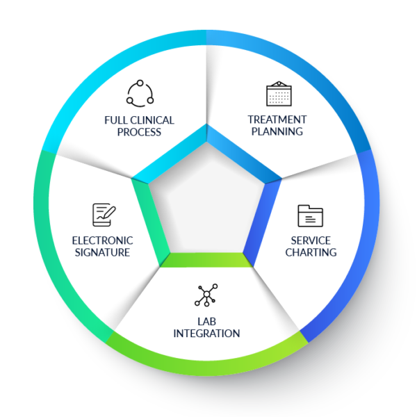 Wheel-like illustration of SAMMS' Clinical Service offerings with 5 facets of service